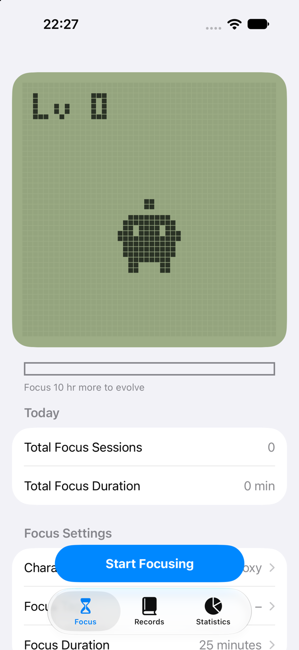 Den's Focus screen with Boxy on the LCD and a level progress bar