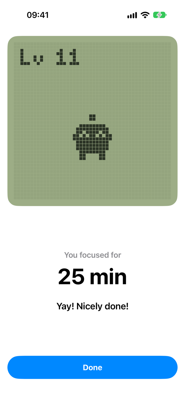 A celebration screen showing 25 minutes of focus